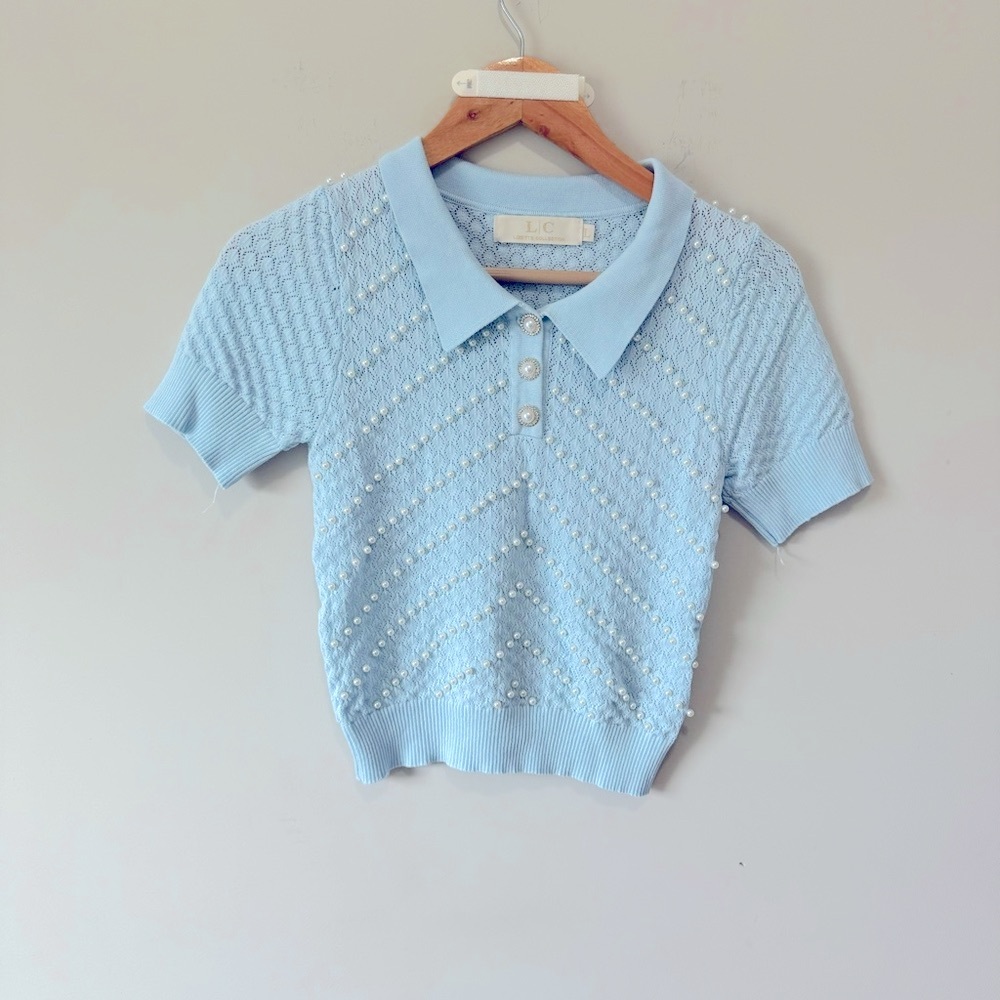 Elegant Light Blue Knit Polo Top
